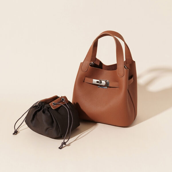 Genuine Leather Lychee-Pattern Basket Bucket Bag