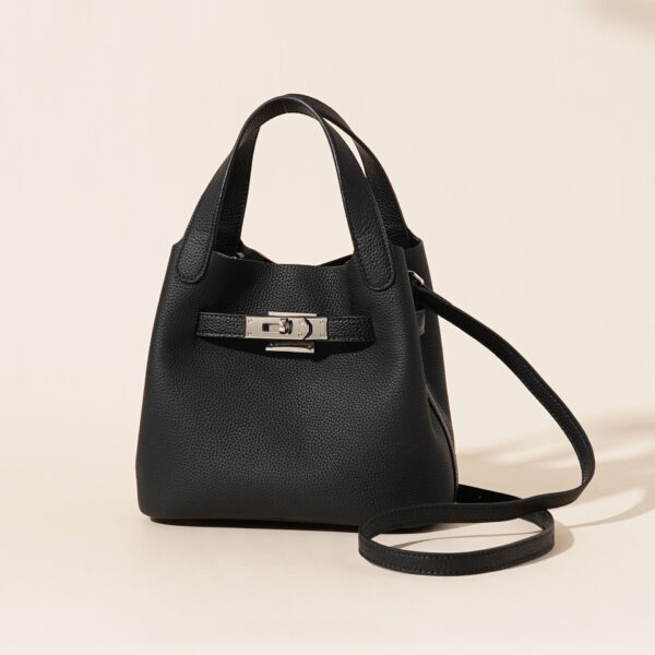 Genuine Leather Lychee-Pattern Basket Bucket Bag