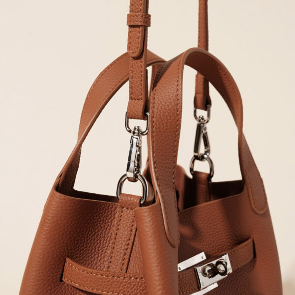 Genuine Leather Lychee-Pattern Basket Bucket Bag