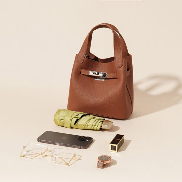 Genuine Leather Lychee-Pattern Basket Bucket Bag