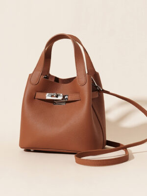 Genuine Leather Lychee-Pattern Basket Bucket Bag