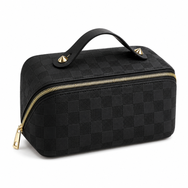 Black checkered cosmetic bag with top handle