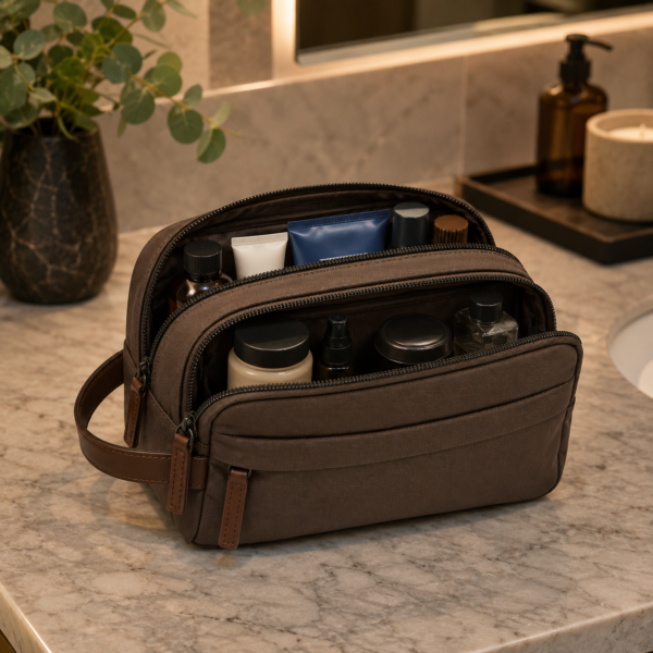 化妆包8展示图H Custom 420D Nylon Men’s Dual-Compartment Dopp Kit with Side Handle