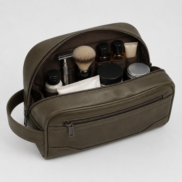 化妆包9展示图B Premium Vegan Leather Men's Dopp Kit | Luxury Travel Toiletry Bag with Front Zip Pocket