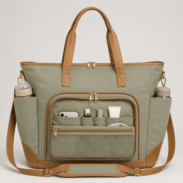Custom Large Capacity Cotton Canvas Diaper Tote Bag with Stroller Straps