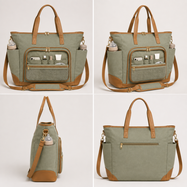 Cotton Canvas Diaper Tote Bag front side and back views