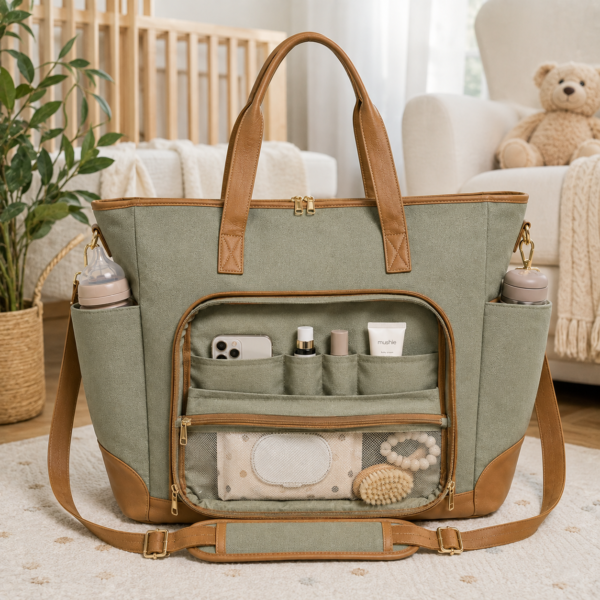 Cotton Canvas Diaper Bag with large multi-pocket front organizer