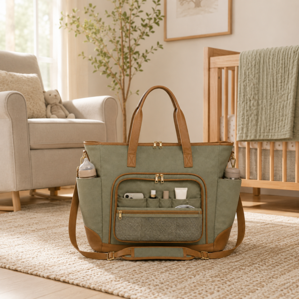 Custom Large Capacity Cotton Canvas Diaper Tote Bag with Stroller Straps