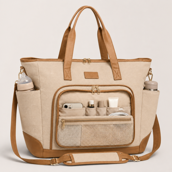 Natural Beige Cotton Canvas Diaper Tote Bag with Front Organizer