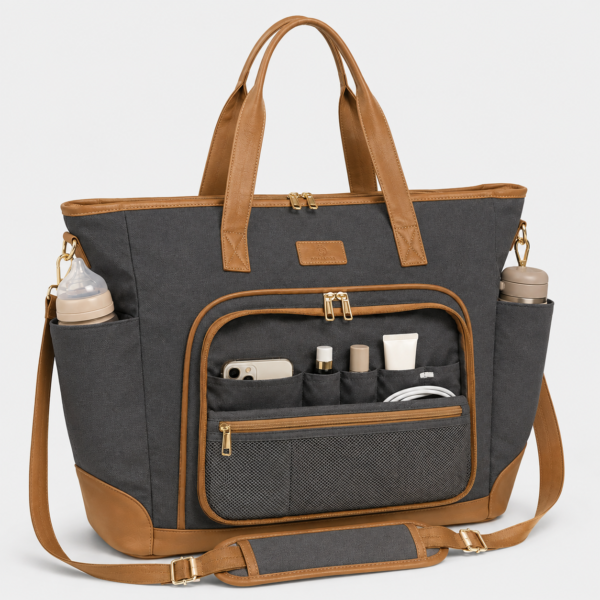 Charcoal Gray Cotton Canvas Diaper Tote Bag with Front Organizer