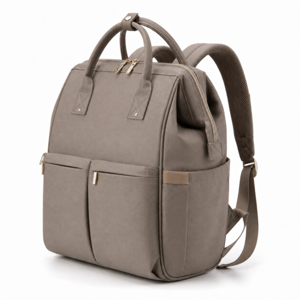 Wide Opening Mommy Diaper Backpack taupe with multi-pocket organizer