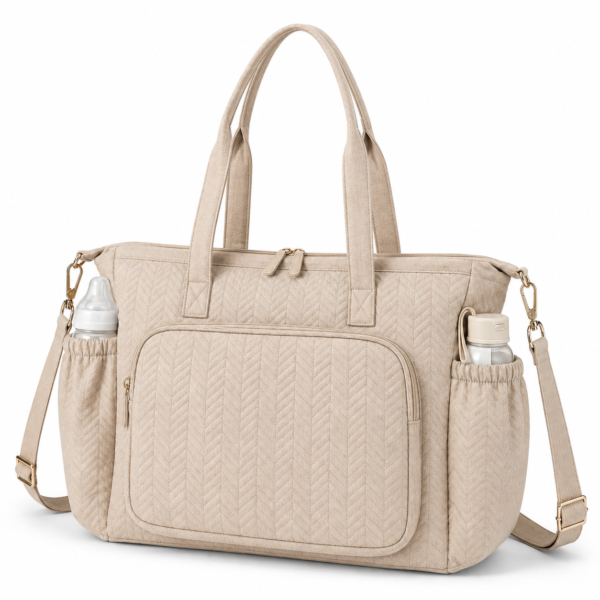 RPET Quilted Diaper Tote Bag front view with detachable shoulder strap