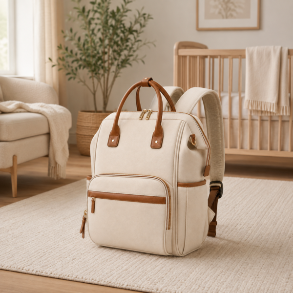 Custom Luxury PU Vegan Leather Diaper Backpack with Wide Opening & Contrast Trim