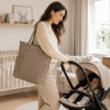 妈妈包8展示图G PU Vegan Leather Mommy Tote carried over the shoulder during stroller outing