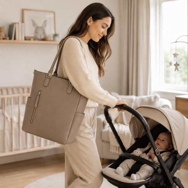 妈妈包8展示图G PU Vegan Leather Mommy Tote carried over the shoulder during stroller outing