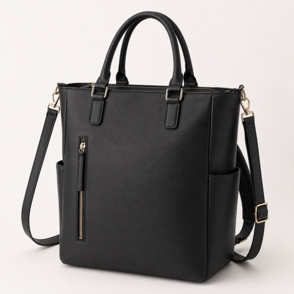 妈妈包8展示图H Black PU Vegan Leather Convertible Diaper Backpack Tote