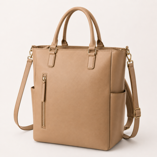 妈妈包8展示图I Camel Tan PU Vegan Leather Convertible Diaper Backpack Tote