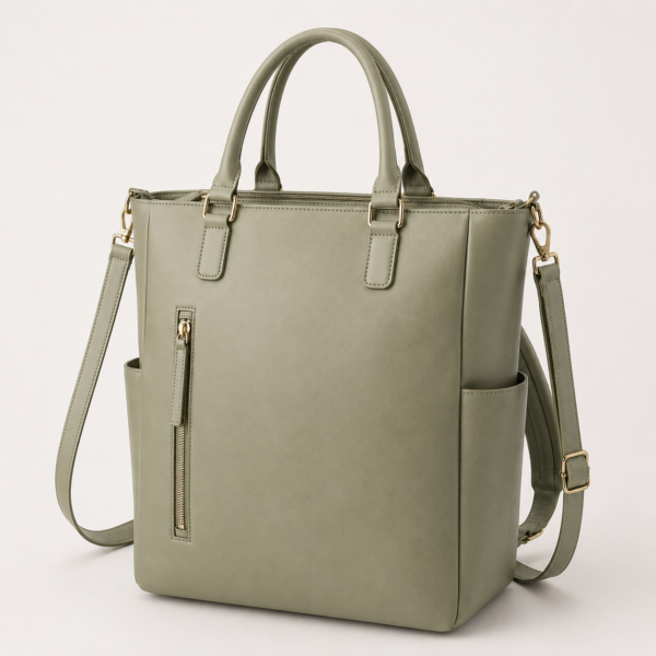 妈妈包8展示图J Sage Green PU Vegan Leather Convertible Diaper Backpack Tote