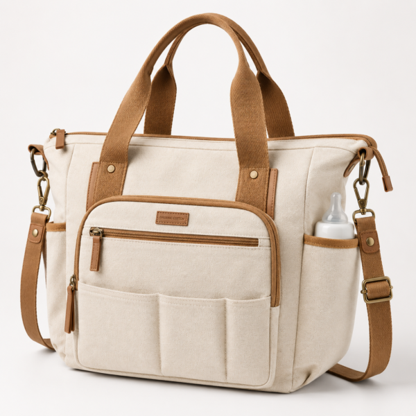 Natural Ivory Organic Cotton Canvas Diaper Tote Bag with Front Organizer