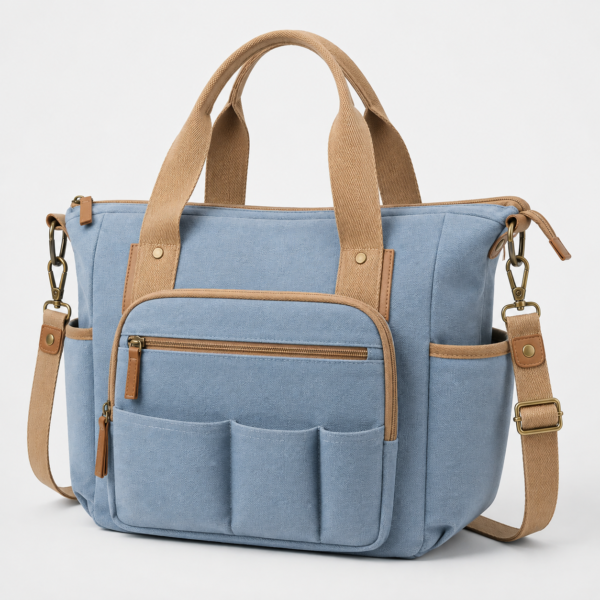 Custom Organic Cotton Canvas Diaper Tote Bag with Front Organizer
