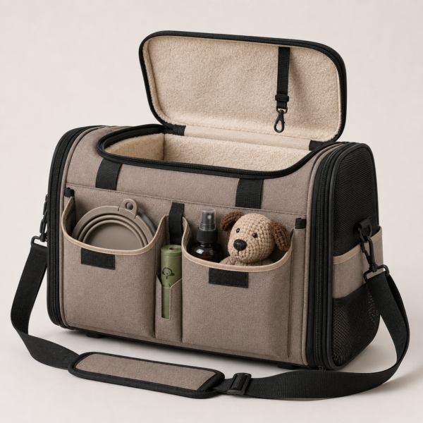 RPET Pet Travel Tote Interior with Safety Tether and Organizer Pockets