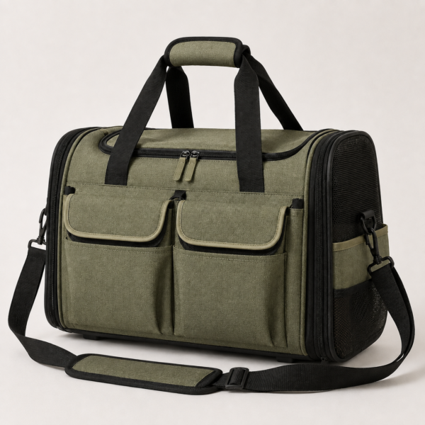 Olive Green RPET Pet Travel Tote with Multi-Pocket Organizer