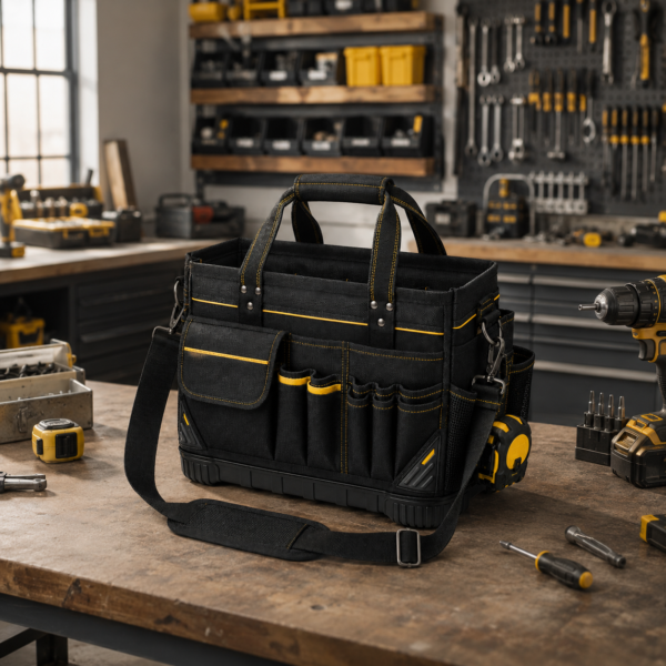 Custom 1680D Professional Open-Top Tool Tote Bag with Molded Base & Multi-Pocket Organizer