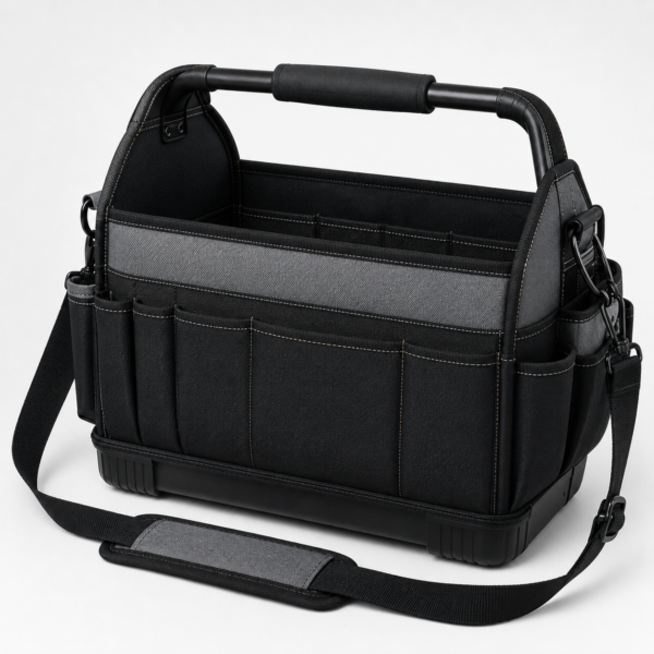 600D Wide-Mouth Tool Bag with Rear Organizer Pockets and Hard Base