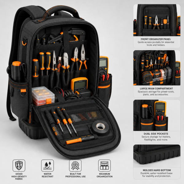 Custom 1000D Heavy-Duty Electrician Tool Backpack with Multi-Pocket Organizer & Molded Hard Base
