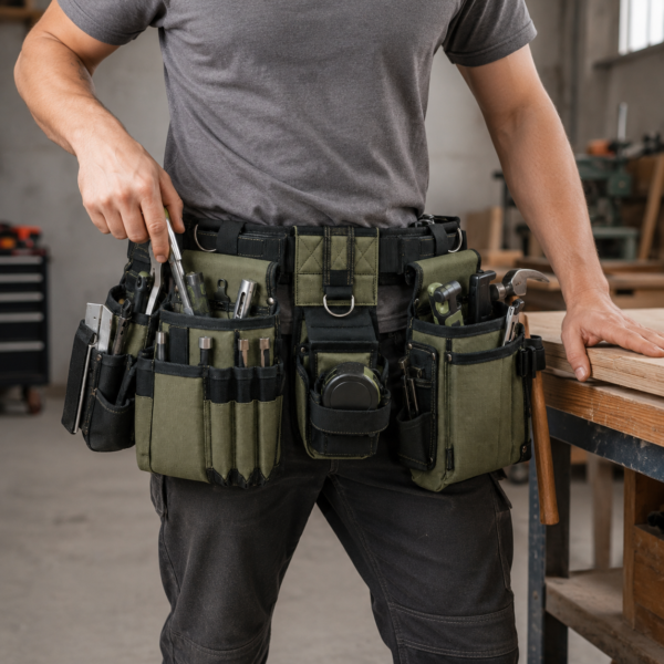 Professional Contractor Wearing Multi-Pouch Tool Belt at Workshop