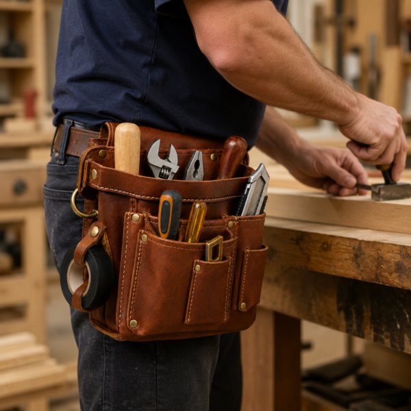 Carpenter Wearing Full-Grain Leather Tool Pouch in Woodworking Workshop