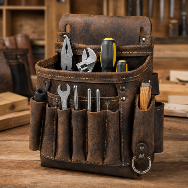 Custom Professional Leather Multi-Pocket Tool Pouch with Tool Sleeves & D-Ring