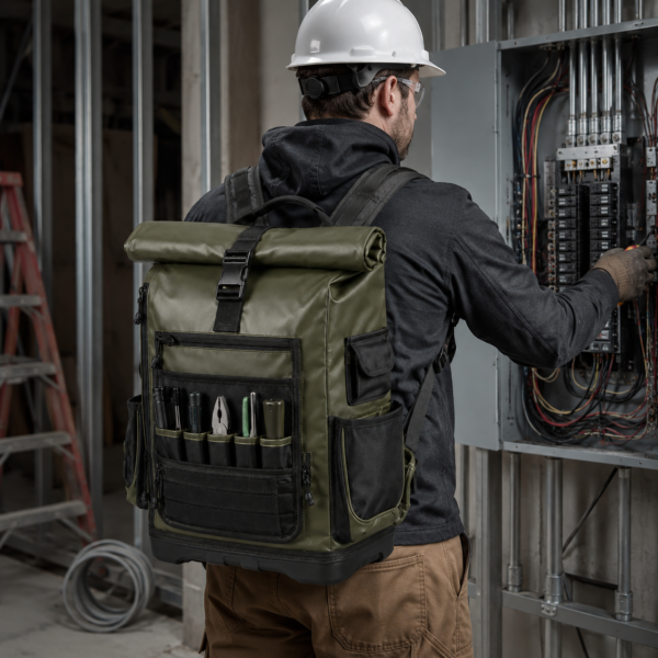 Electrician Wearing TPU-Coated Roll-Top Tool Backpack