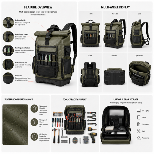 TPU-Coated Roll-Top Tool Backpack Features and Storage Organization