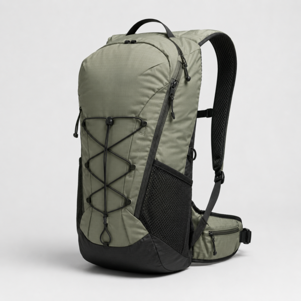 登山包10产品展示图B Olive green hiking backpack side view with padded hip belt
