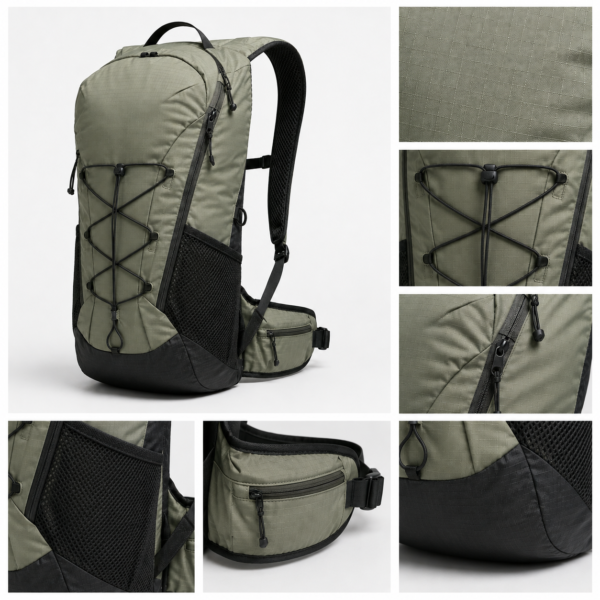 登山包10产品展示图C Hiking backpack fabric bungee cord zipper mesh pocket hip belt and reinforced bottom details