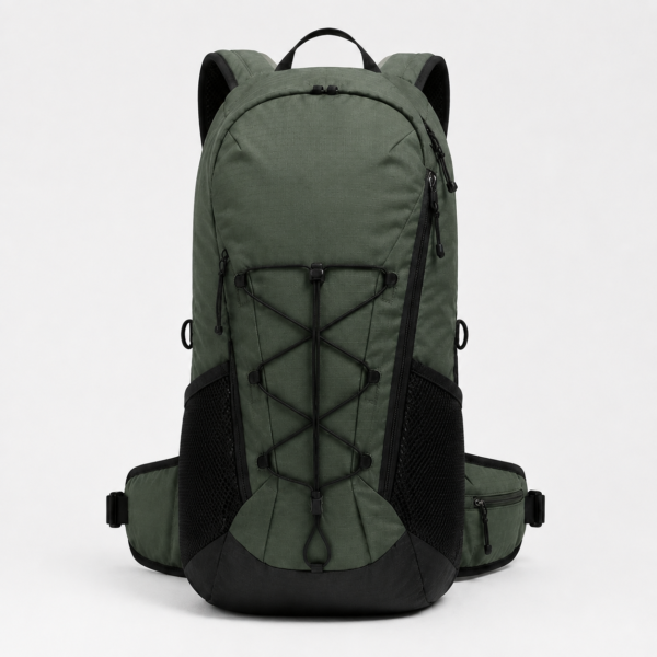 登山包10产品展示图F Forest green hiking backpack with front elastic bungee cord