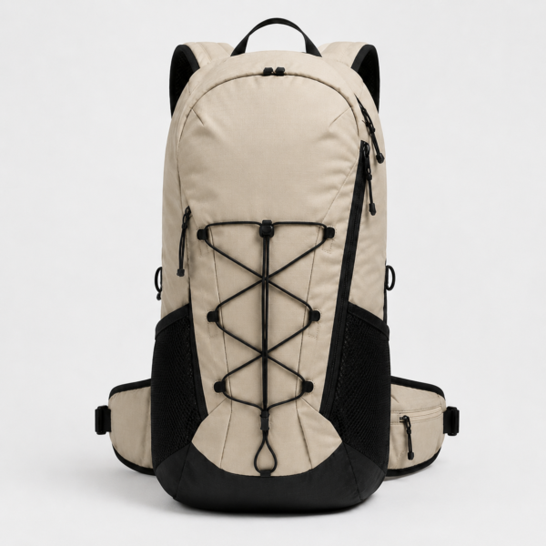 登山包10产品展示图H Khaki hiking backpack with front elastic cord and padded hip belt