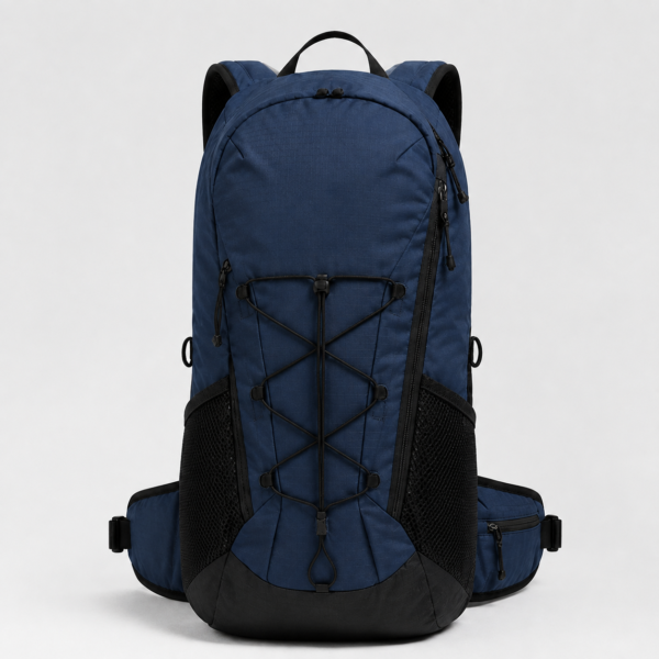 登山包10产品展示图I Navy blue hiking backpack with front bungee cord for OEM customization