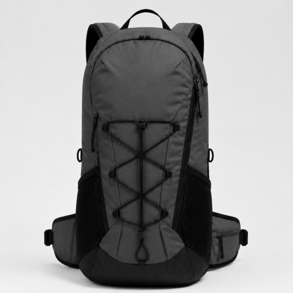 登山包10产品展示图J Charcoal gray hiking backpack with front cord and side mesh pockets