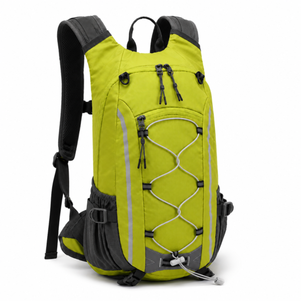 Lime green reflective hiking backpack side view with mesh pockets and hip belt