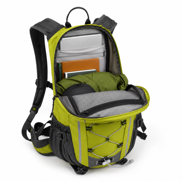 Custom reflective hiking backpack open main compartment with internal organizer