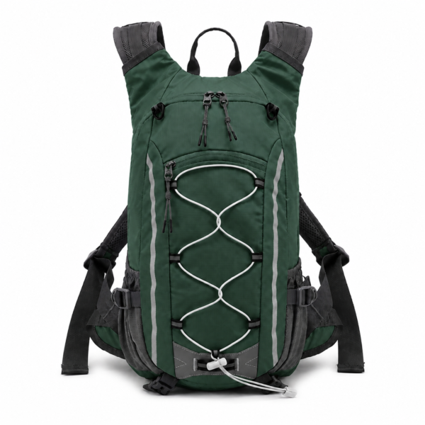 Black reflective hiking backpack with front bungee cord and padded straps