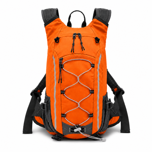 Orange reflective hiking backpack with front bungee cord