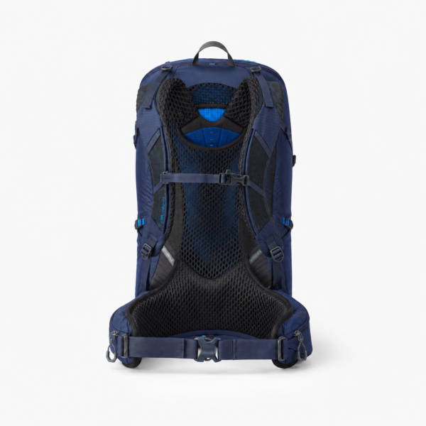 Trekking backpack with ventilated mesh back system and adjustable straps