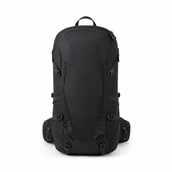 Black custom trekking backpack with external compression straps
