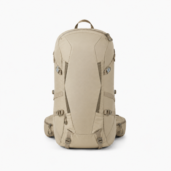 Beige custom trekking backpack with padded hip belt