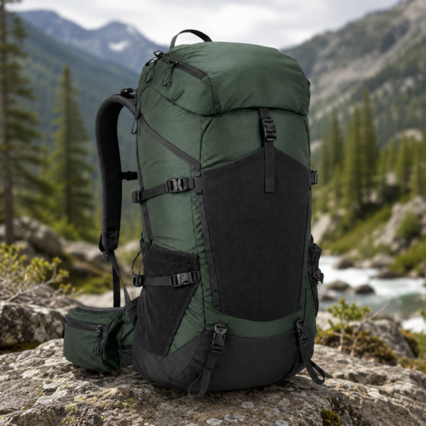Forest green mountaineering backpack displayed in a mountain setting