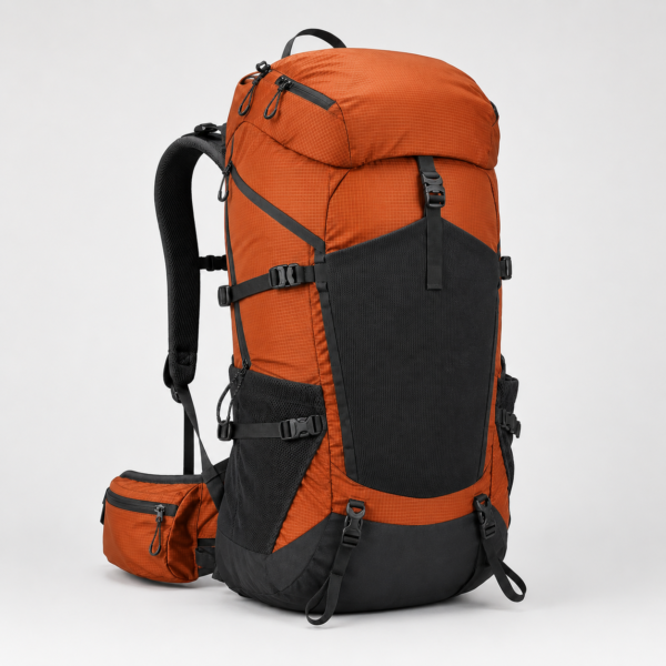 Orange custom mountaineering backpack with front stretch mesh pocket