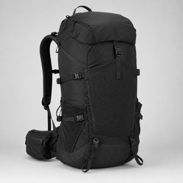 Black custom mountaineering backpack with external compression straps